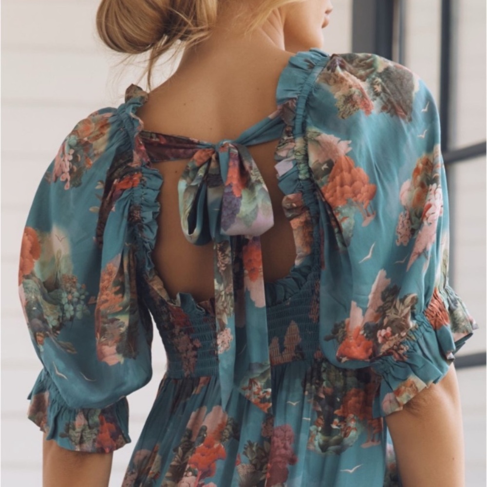 NWOT Anthropologie Teal Floral Smocked Puff Sleeve Midi Dress S - Picture 3 of 9